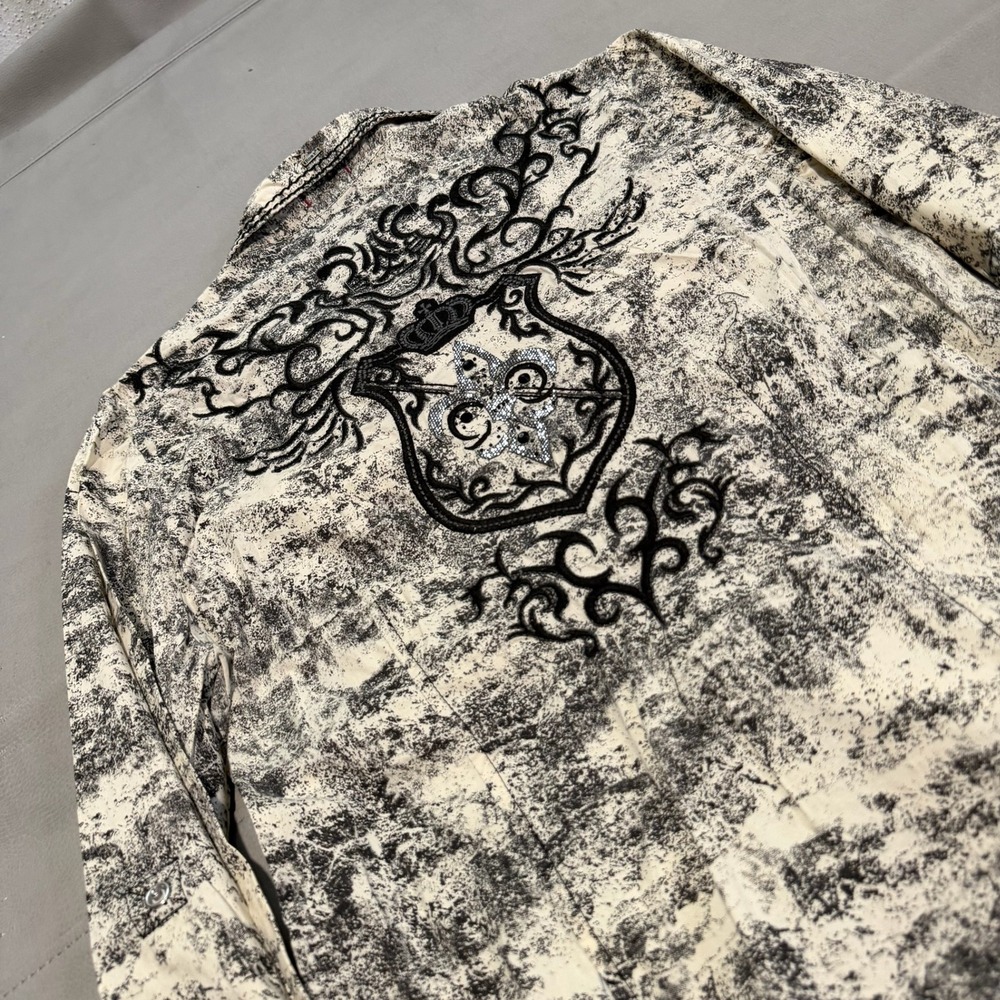 Roar Cream and Black Distressed Button-Down Shirt with Embroidered Crest